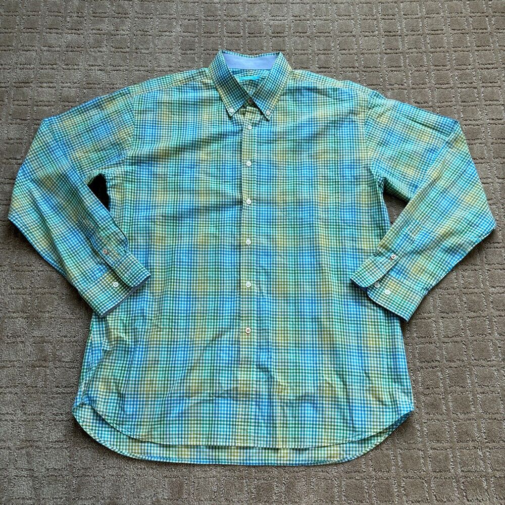 J. McLaughlin Gingham Plaid  Shirt Men XL Blue Green Button Down Long Sleeve EUC